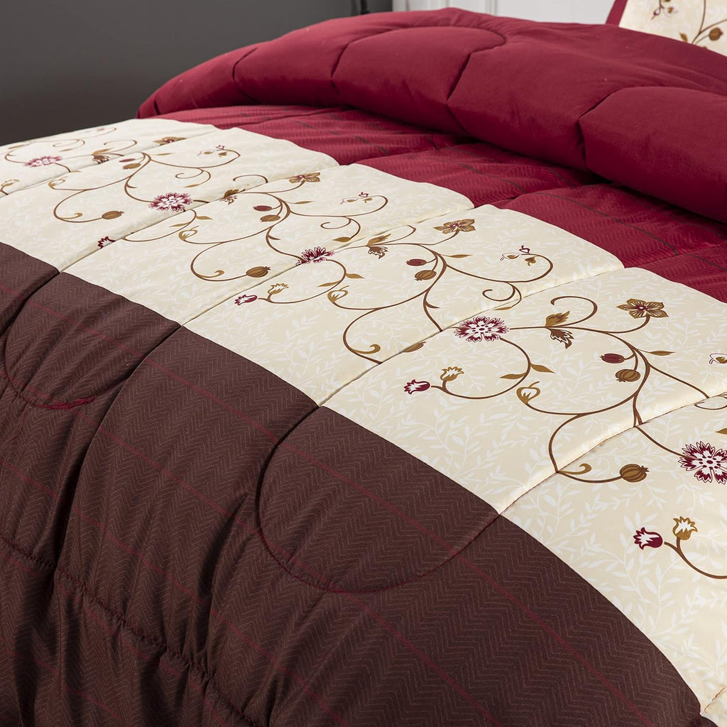 Decorkart Ultra Soft Luxury Fluffy Goose Down Alternative Bed in a Bag Rich Printed 7 Piece Comforter Set Includes 4 Piece Sheet Set, Modern Burgundy Cosmos Floral Pattern