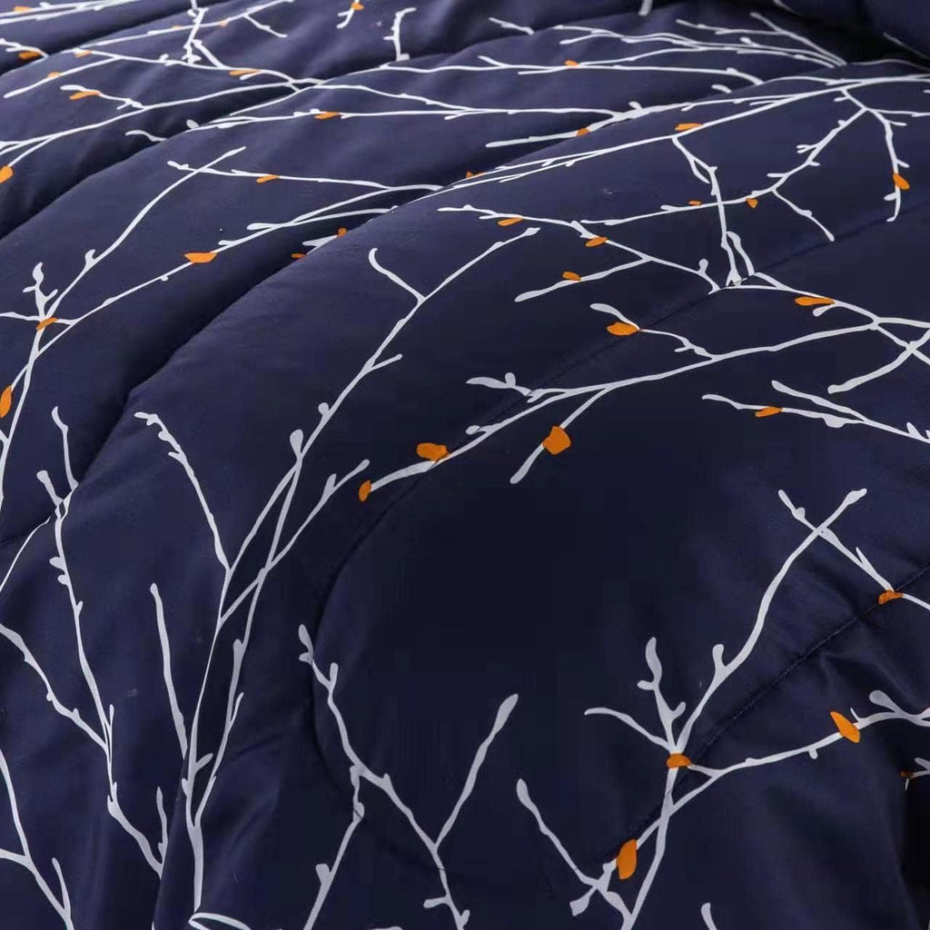 Decorkart Ultra Soft Luxury Fluffy Goose Down Alternative Bed in a Bag Rich Printed 5 Piece Comforter Set Includes 3 Piece Sheet Set, Modern Navy Blue Branches Pattern