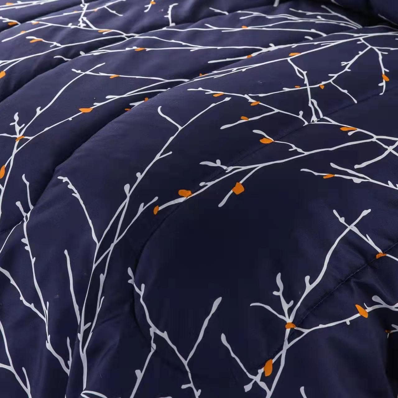 Decorkart Ultra Soft Luxury Fluffy Goose Down Alternative Bed in a Bag Rich Printed 5 Piece Comforter Set Includes 3 Piece Sheet Set, Modern Navy Blue Branches Pattern