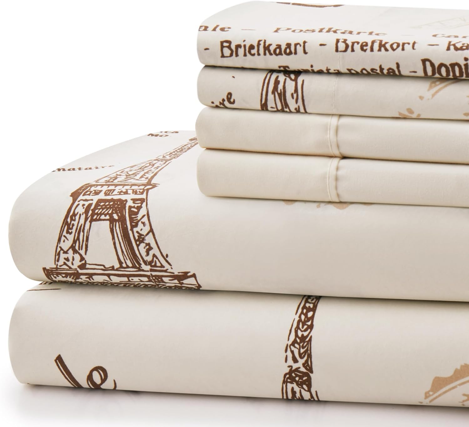 Decorkart Ultra Soft Silky Deep Pocket Rich Printed Bedding Rayon from Bamboo All Season 6 Pieces Sheet Set with 4 Pillowcases, Eiffel Tower Ivory Pattern