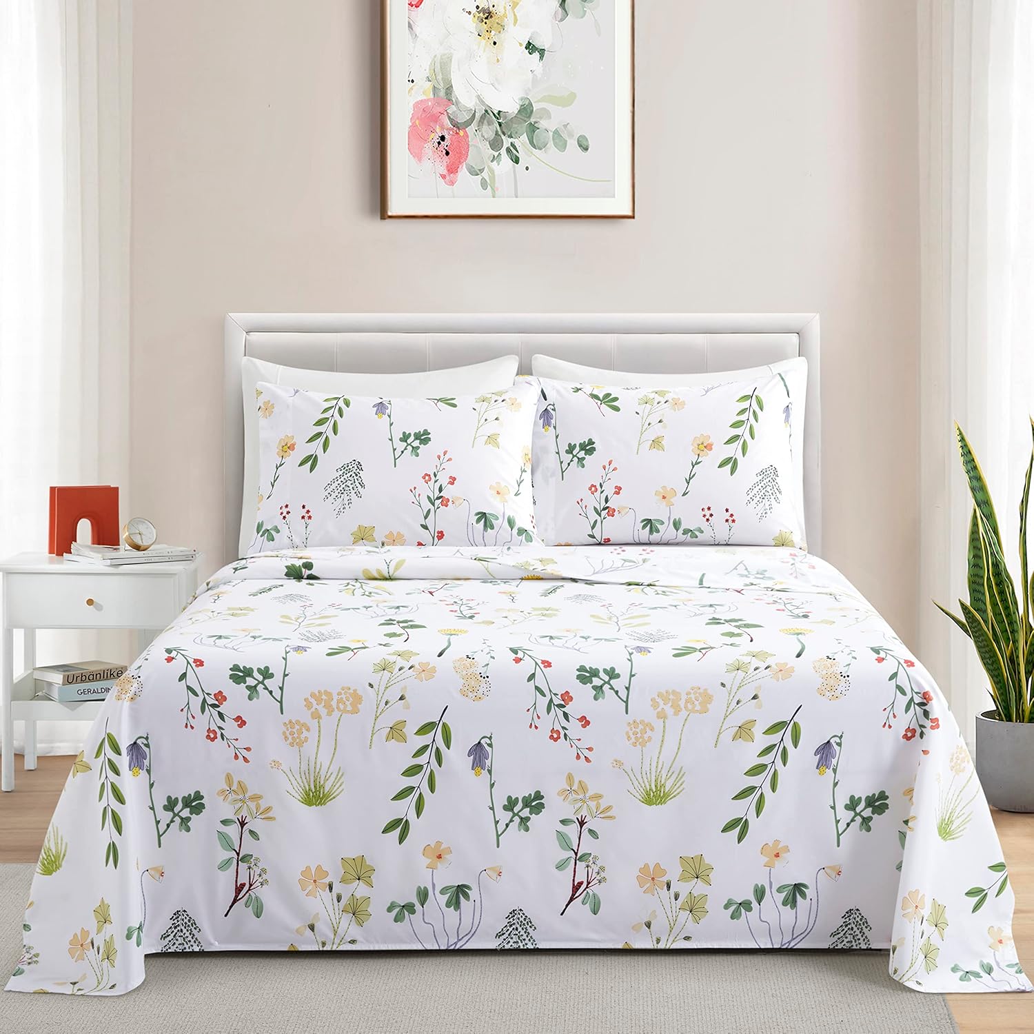 Decorkart Soft Silky Deep Pocket Rich Printed Bedding Rayon from Bamboo All Season 6 Pieces Sheet Set with 4 Pillowcases, Colorful Floral Forest Pattern