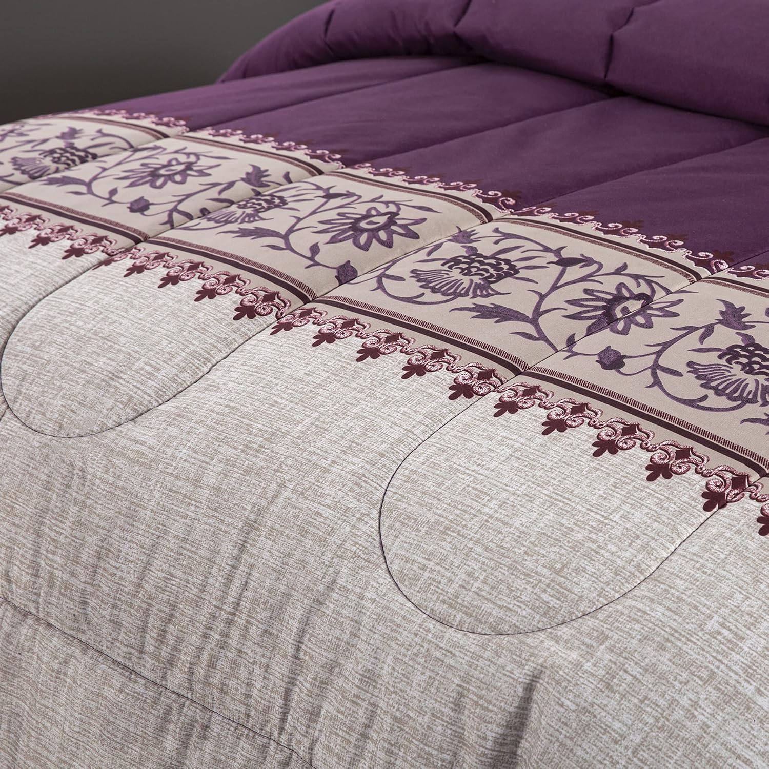 Decorkart Ultra Soft Luxury Fluffy Goose Down Alternative Bed in a Bag Rich Printed 7 Piece Comforter Set Includes 4 Piece Sheet Set, Modern Eggplant Aster Floral Pattern