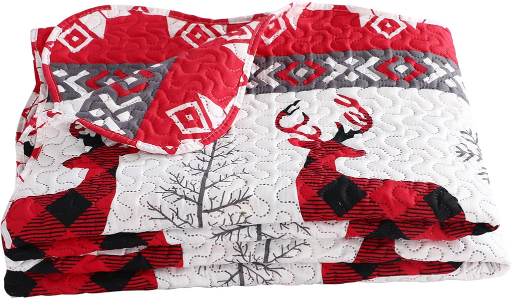 Decorkart Rich Printed Embossed Pinsonic Coverlet Bedspread Ultra Soft 3 Piece Summer Christmas Quilt Set with 2 Quilted Shams, Xmas Snowflake and Deer Pattern