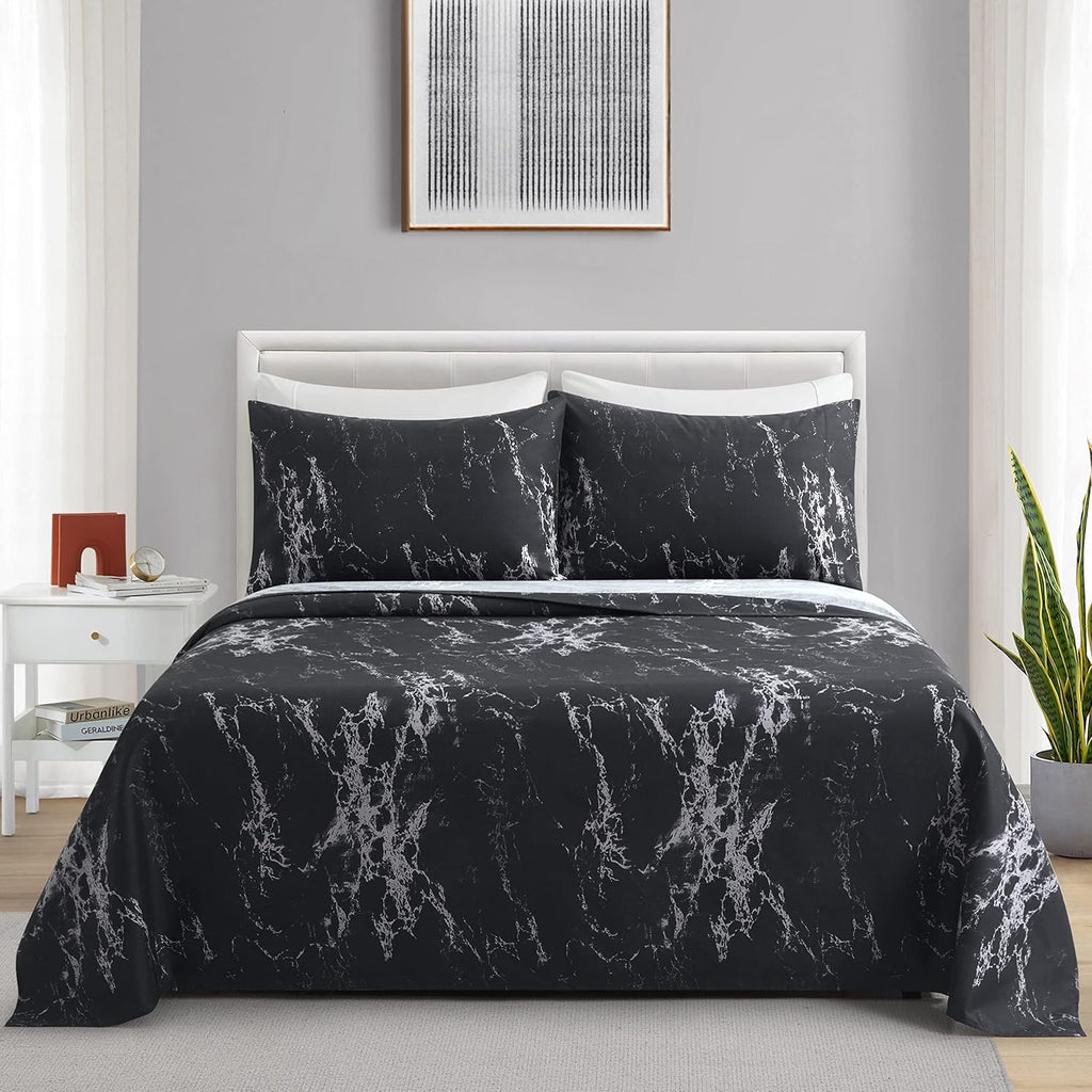 Decorkart Ultra Soft Silky Deep Pocket Rich Printed Bedding Rayon from Bamboo All Season 6 Pieces Sheet Set with 4 Pillowcases, Modern Black Marble Pattern