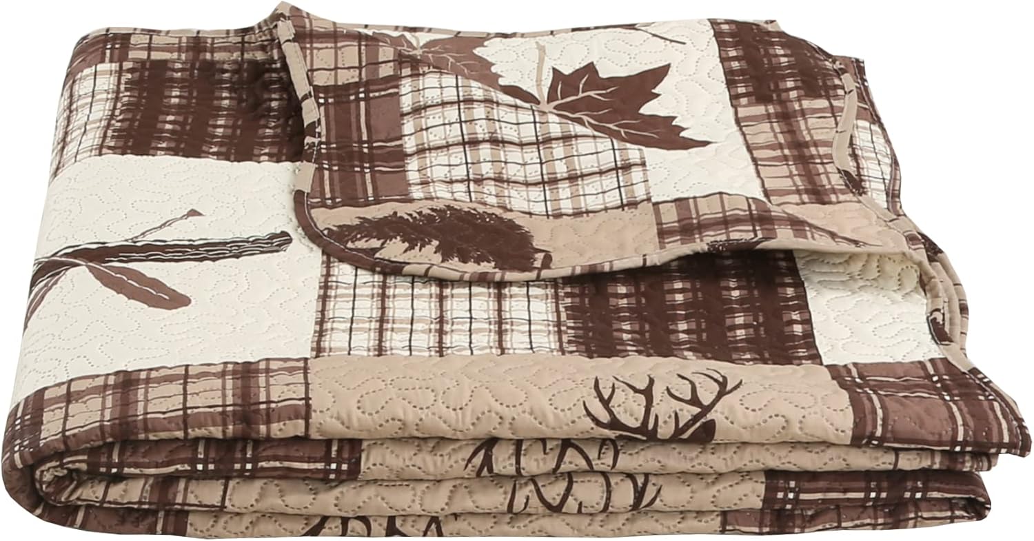 Decorkart Rich Printed Embossed Pinsonic Coverlet Bedspread Ultra Soft 2 Piece Summer Quilt Set with 1 Quilted Sham, Brown Cabin Maple Deer Plaid Pattern
