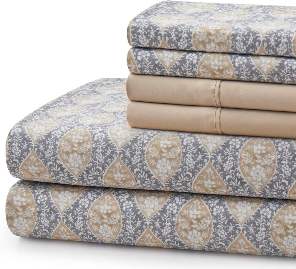 Decorkart Ultra Soft Silky Deep Pocket Rich Printed Bedding Rayon from Bamboo All Season 6 Pieces Sheet Set with 4 Pillowcases, Taupe Grey Floral Pattern