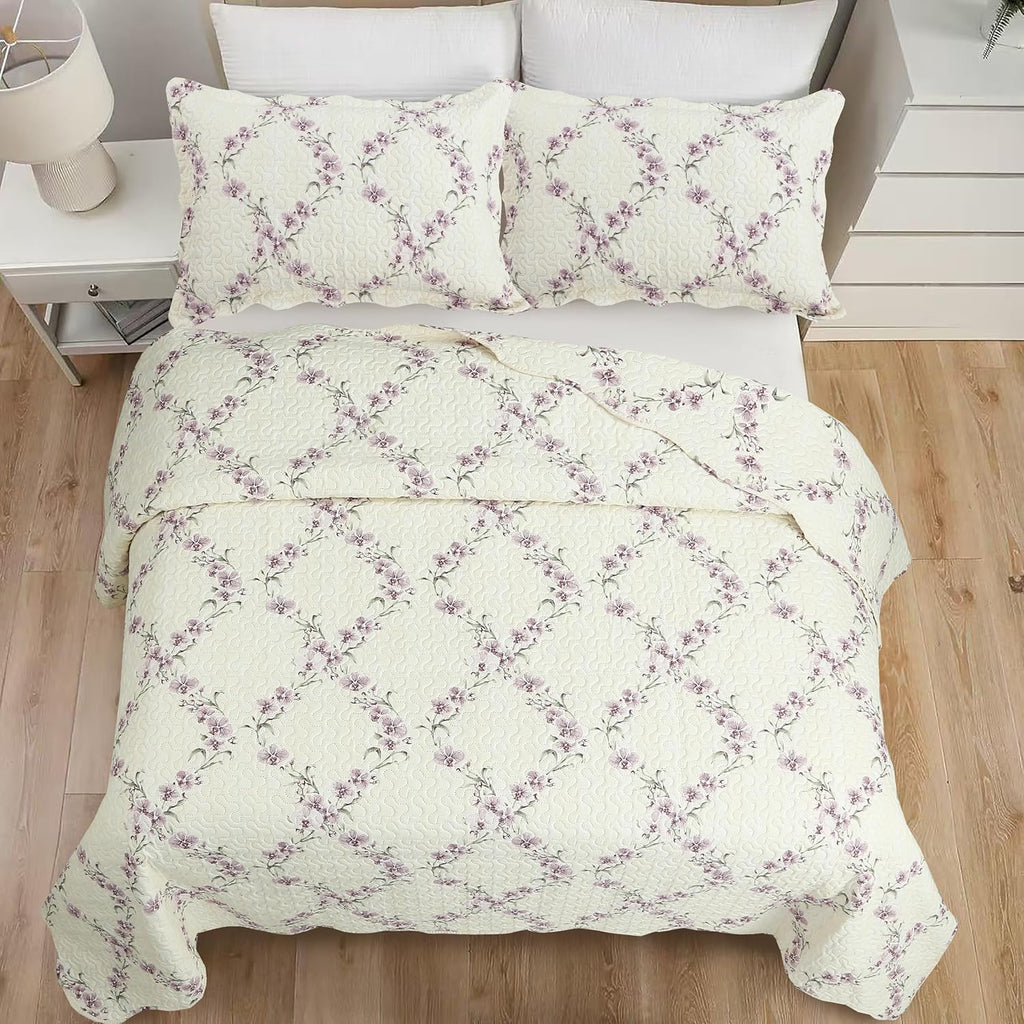Decorkart Rich Printed Embossed Pinsonic Coverlet Bedspread Ultra Soft Home Bedding 2 Piece Summer Quilt Set with 1 Embossed Sham, Purple Orchid Cream Pattern