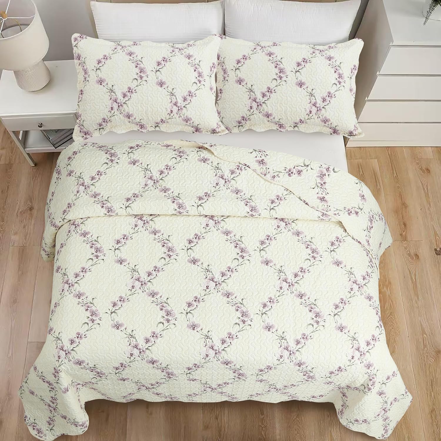 Decorkart Rich Printed Embossed Pinsonic Coverlet Bedspread Ultra Soft Home Bedding 2 Piece Summer Quilt Set with 1 Embossed Sham, Purple Orchid Cream Pattern