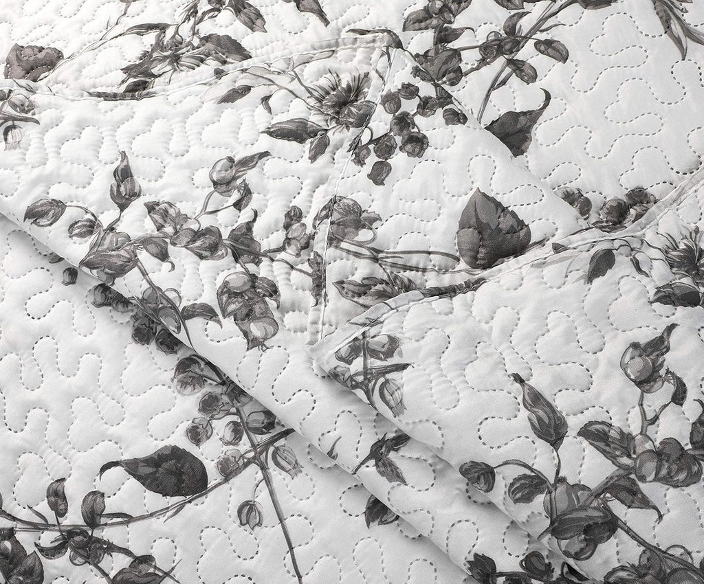 Decorkart Rich Printed Embossed Pinsonic Coverlet Bedspread Ultra Soft 3 Piece Summer Quilt Set with 2 Quilted Shams, Grey Chrysanthemum Floral Branches Pattern