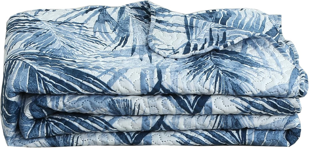 Decorkart Rich Printed Embossed Pinsonic Coverlet Bedspread Ultra Soft 3 Piece Summer Quilt Set with 2 Quilted Shams, Modern Blue Leaves Pattern