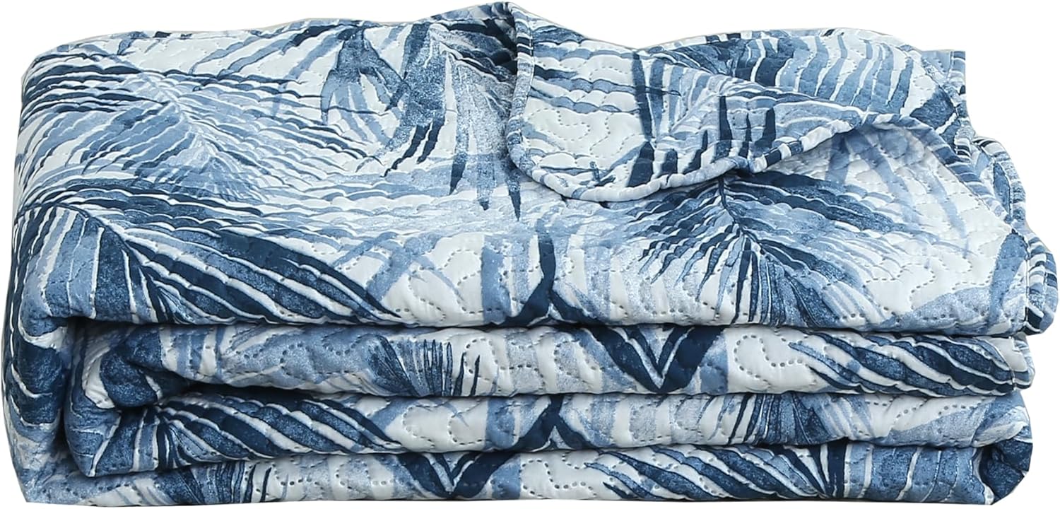 Decorkart Rich Printed Embossed Pinsonic Coverlet Bedspread Ultra Soft 3 Piece Summer Quilt Set with 2 Quilted Shams, Modern Blue Leaves Pattern