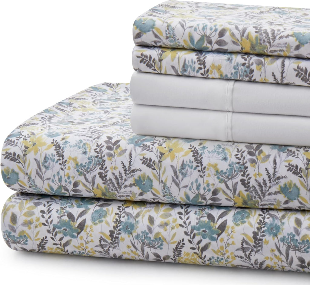 Decorkart Ultra Soft Silky Deep Pocket Rich Printed Bedding Rayon from Bamboo All Season 6 Pieces Sheet Set with 4 Pillowcases, Teal Yellow Floral Pattern
