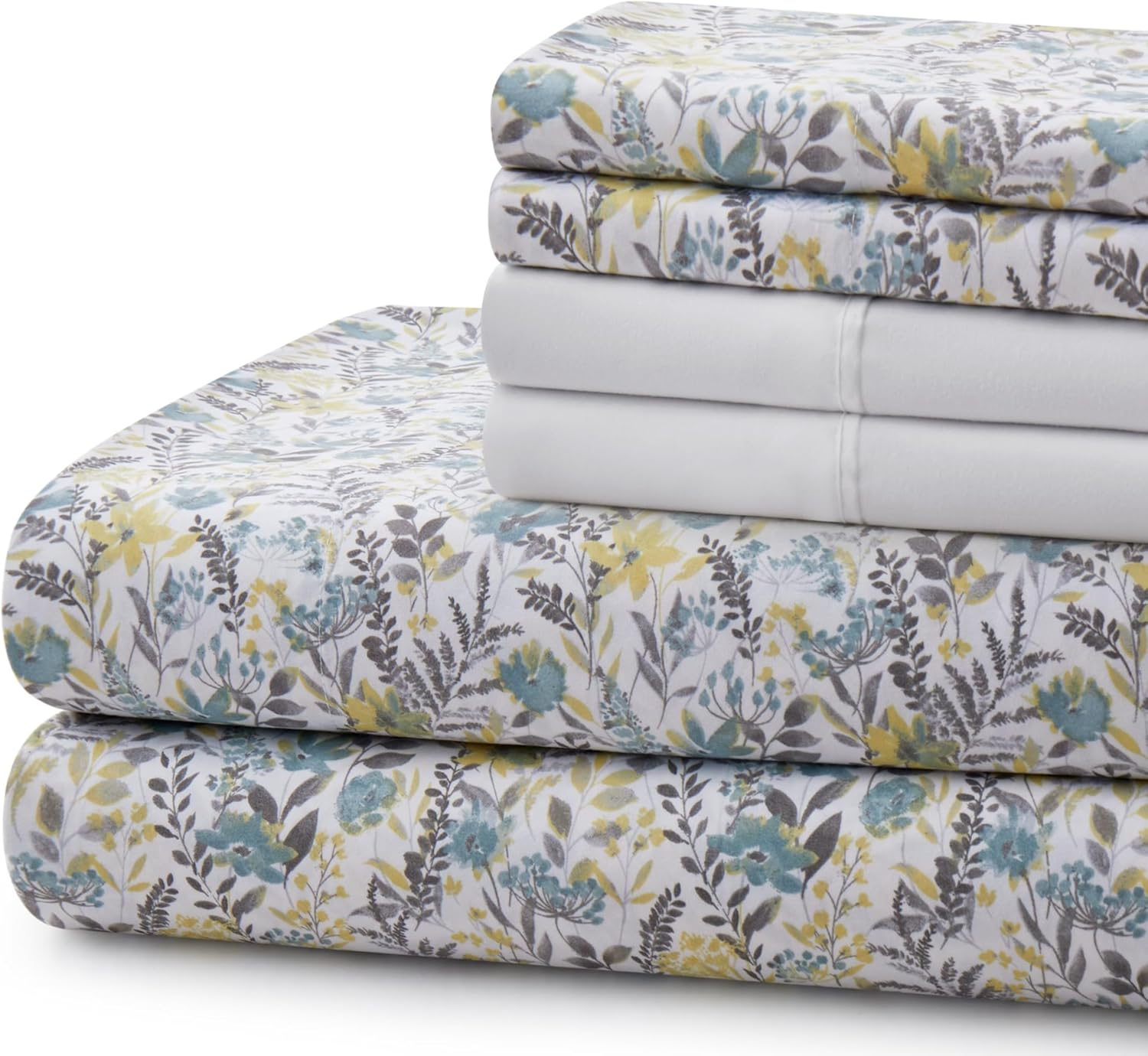 Decorkart Ultra Soft Silky Deep Pocket Rich Printed Bedding Rayon from Bamboo All Season 6 Pieces Sheet Set with 4 Pillowcases, Teal Yellow Floral Pattern