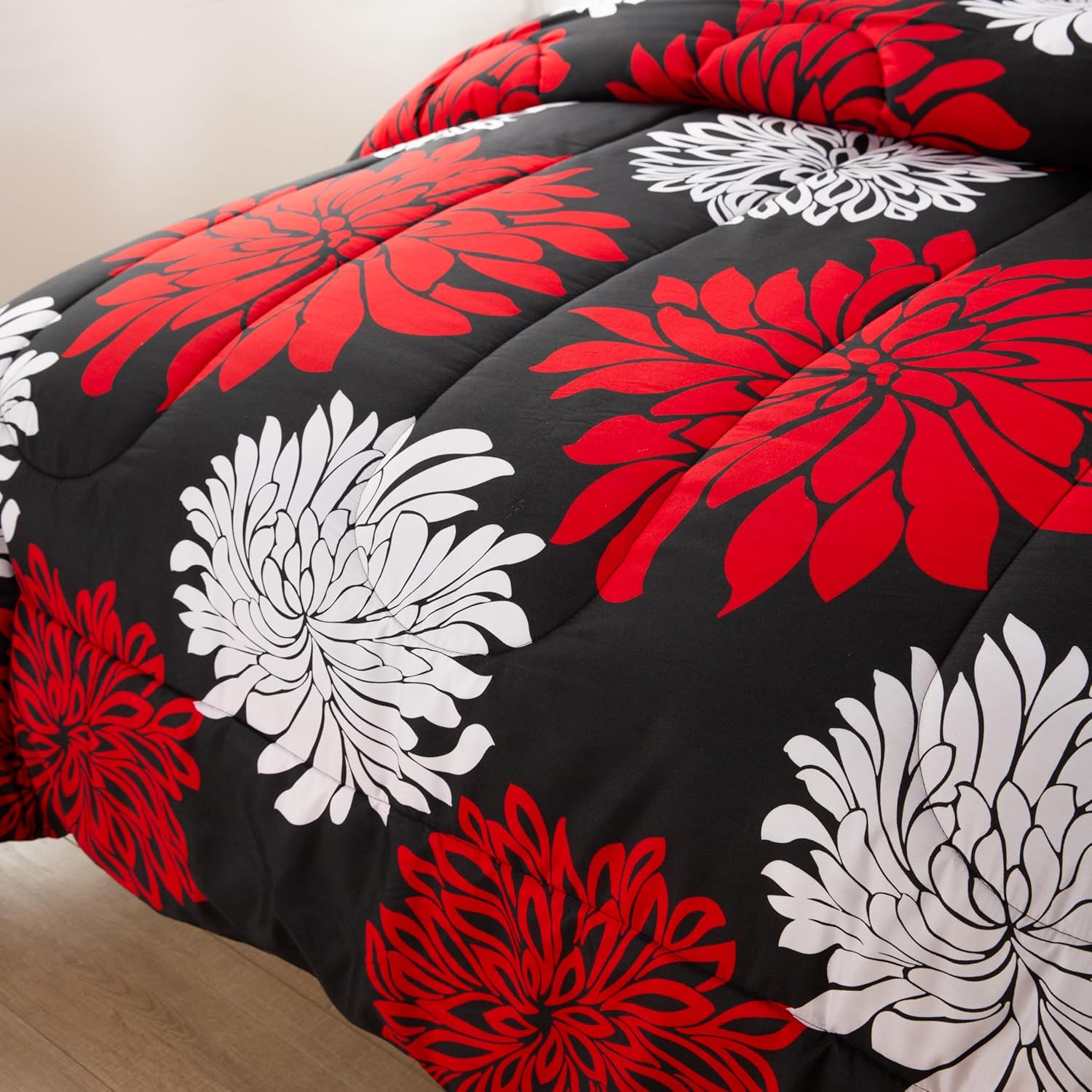 Decorkart Home Decor Ultra Soft Luxury Fluffy Goose Down Alternative Bedding Printed 3 Piece Comforter Set, Modern Red White Floral Black Base Pattern