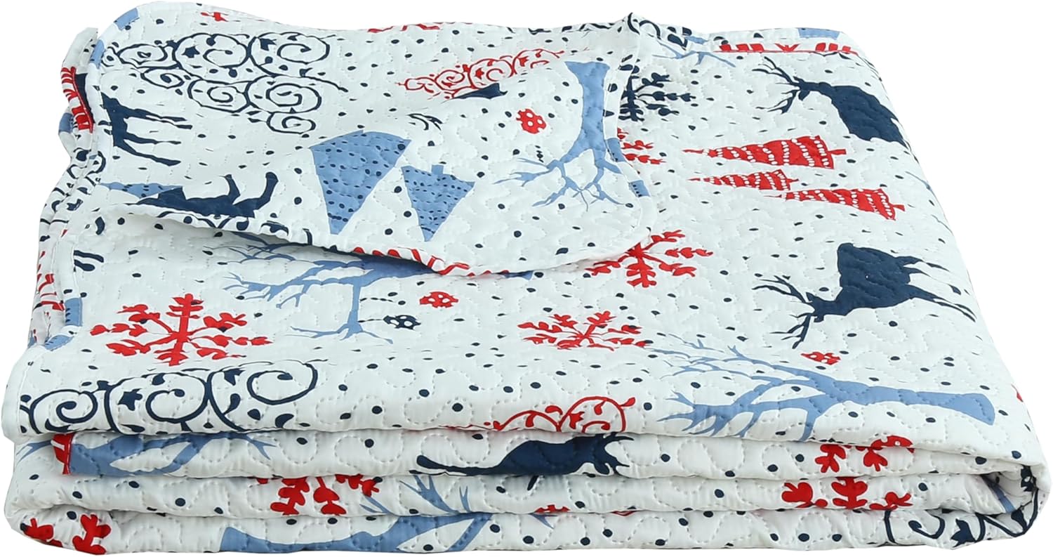 Decorkart Rich Printed Embossed Pinsonic Coverlet Bedspread Ultra Soft 3 Piece Summer Christmas Quilt Set with 2 Quilted Shams, Xmas Reindeer and Tree Pattern