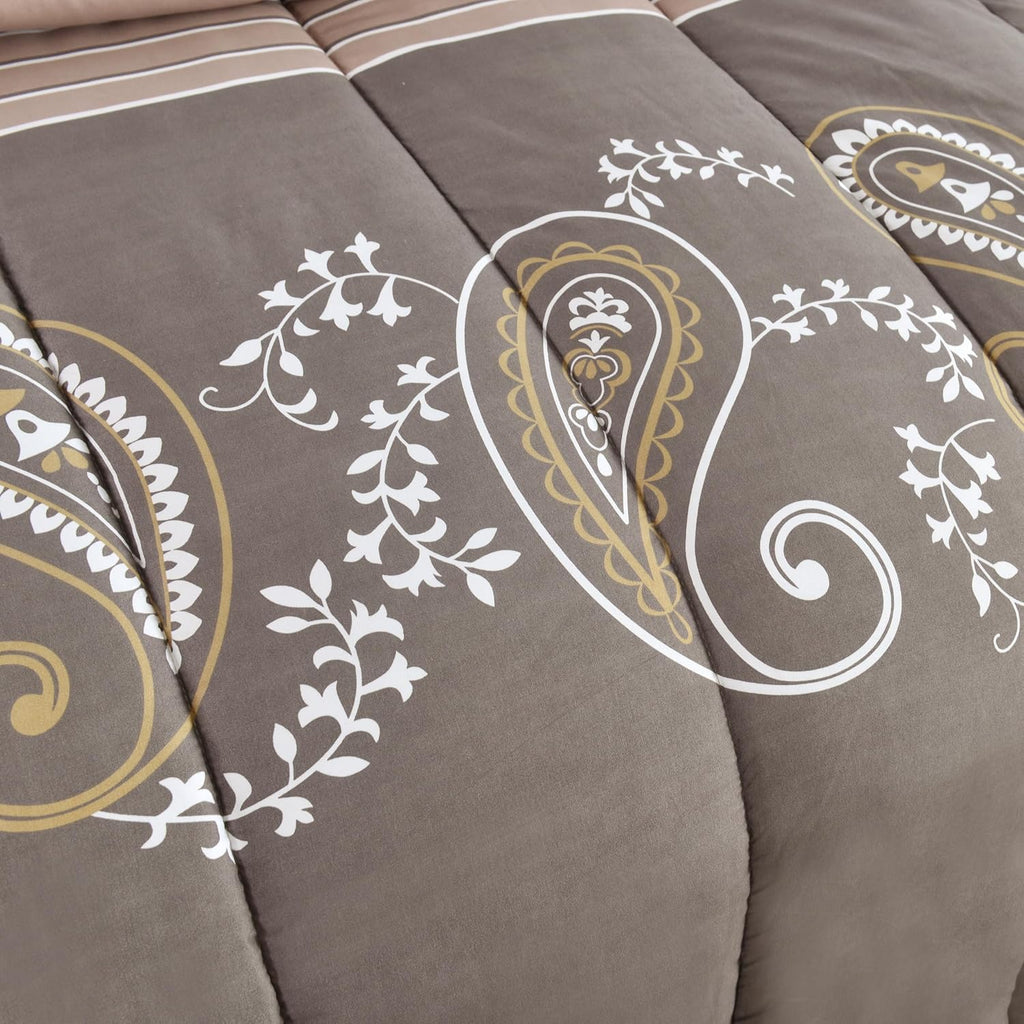 Decorkart Ultra Soft Luxury Fluffy Goose Down Alternative Bed in a Bag Bedding Printed 7 Piece Comforter Set Includes 4 Piece Sheet Set, Taupe Floral Paisley Pattern
