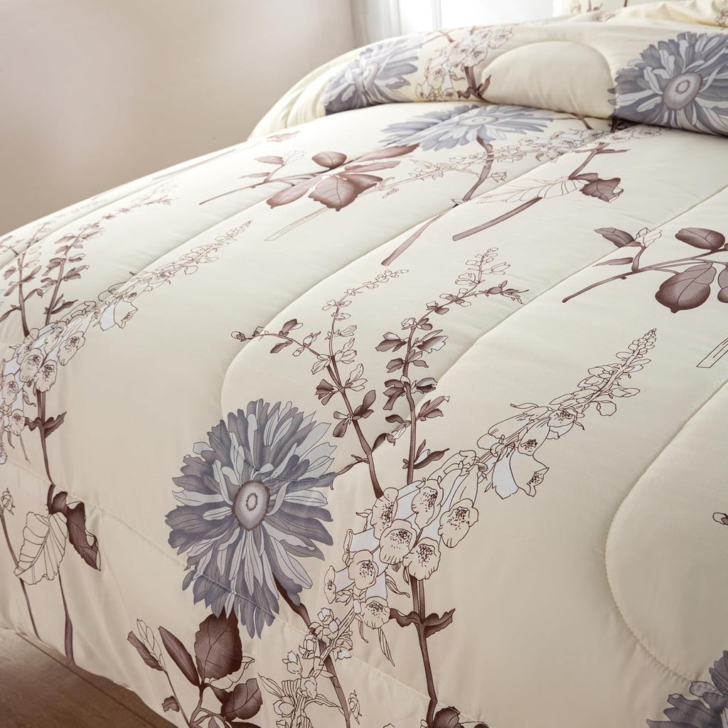 Decorkart Home Decor Ultra Soft Luxury Fluffy Goose Down Alternative Bedding Printed 3 Piece Comforter Set, Blue Chrysanthemum Floral Cream Base Pattern