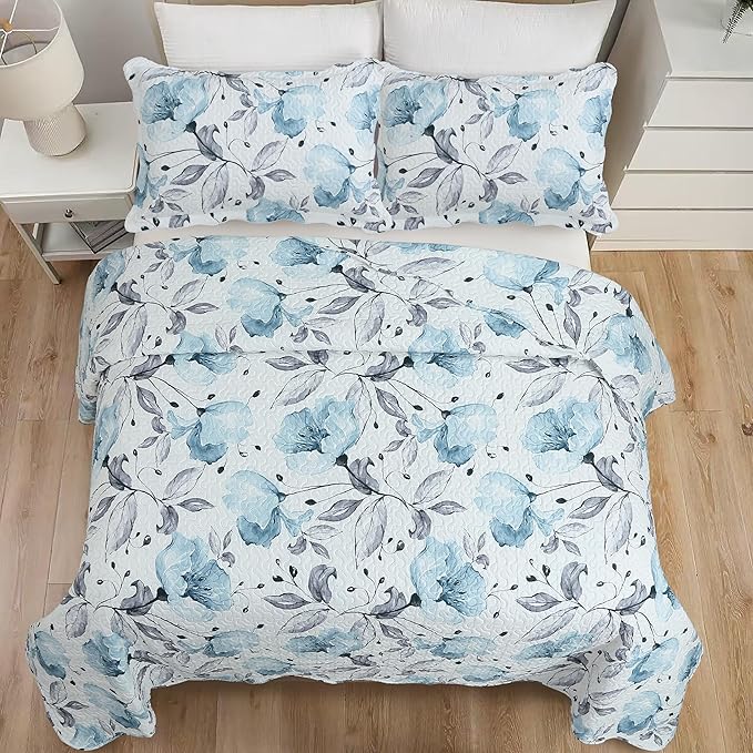 Decorkart Rich Printed Embossed Pinsonic Coverlet Bedspread Ultra Soft Home Bedding 3 Piece Summer Quilt Set with 2 Embossed Shams, Blue Floral Pattern