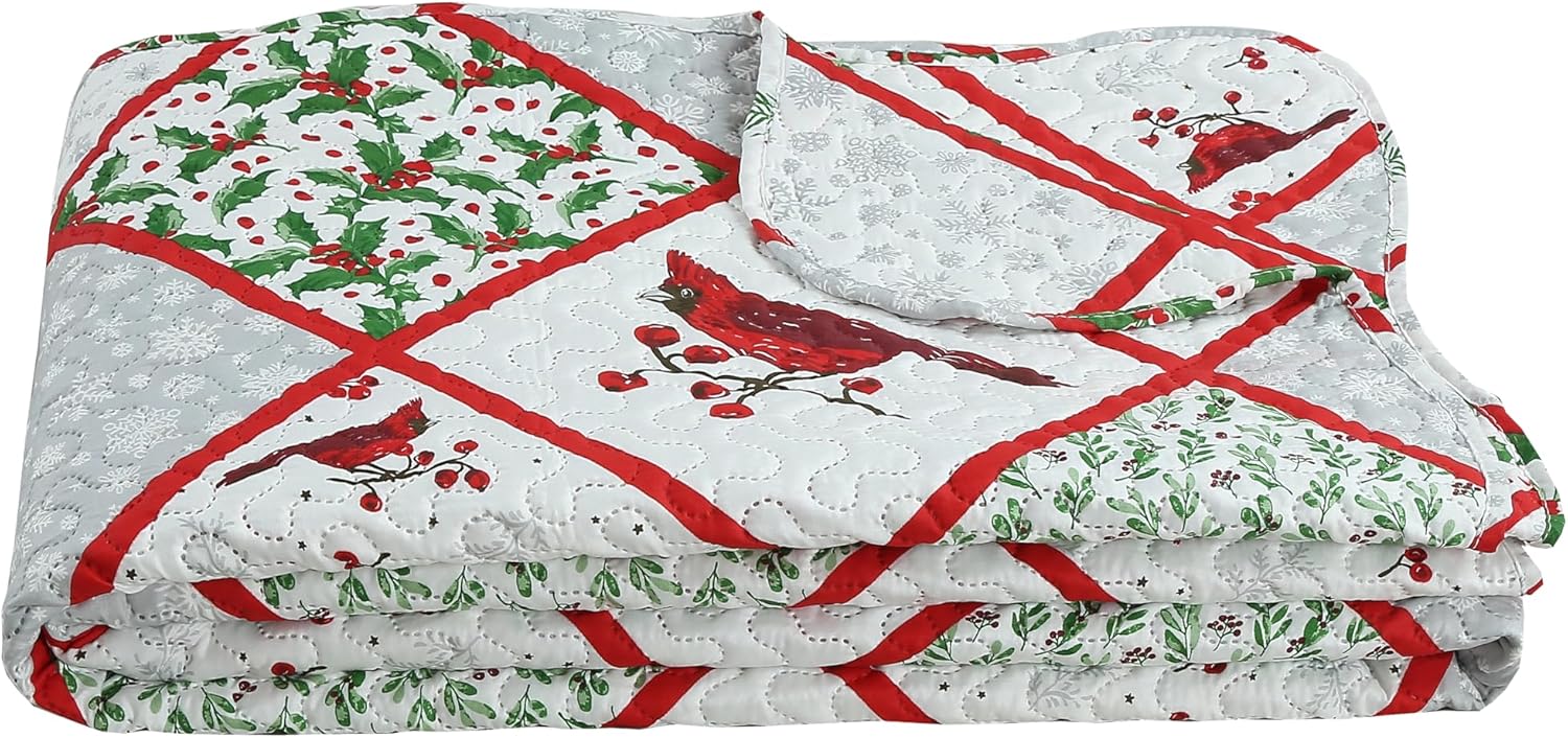 Decorkart Printed Embossed Pinsonic Coverlet Bedspread Ultra Soft Home Bedding 2 Piece Summer Christmas Quilt Set with 1 Quilted Sham, Xmas Red Cardinal Poinsettia Pattern