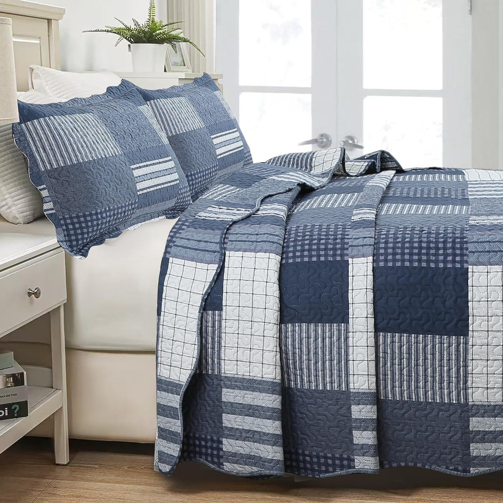 Decorkart Rich Printed Embossed Pinsonic Coverlet Bedspread Ultra Soft Home Bedding 3 Piece Summer Quilt Set with 2 Embossed Shams, Navy White Plaid Pattern