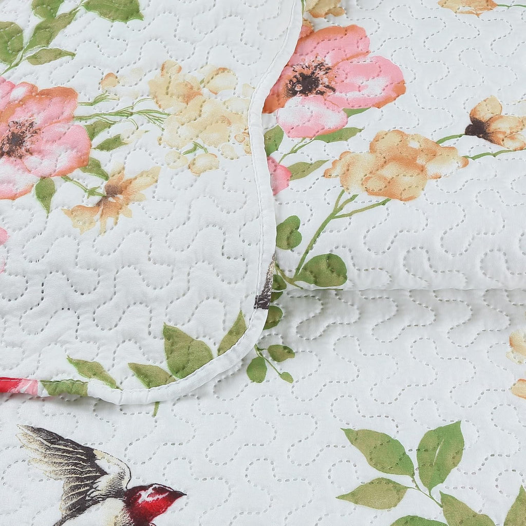 Decorkart Rich Printed Embossed Pinsonic Coverlet Bedspread Ultra Soft 3 Piece Summer Quilt Set with 2 Quilted Shams, Pink Floral and Birds Pattern