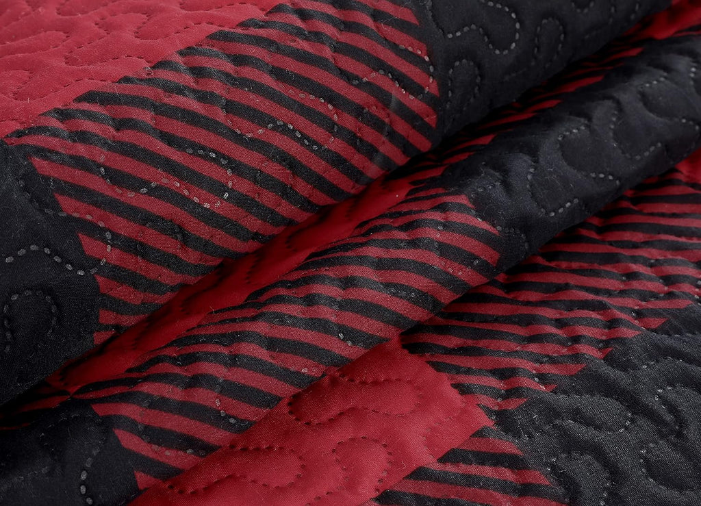 Decorkart Rich Printed Embossed Pinsonic Coverlet Bedspread Ultra Soft 3 Piece Summer Quilt Set with 2 Quilted Shams, Red Black Plaid Pattern