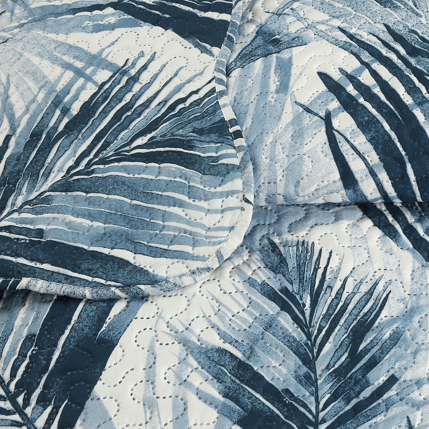 Decorkart Rich Printed Embossed Pinsonic Coverlet Bedspread Ultra Soft 3 Piece Summer Quilt Set with 2 Quilted Shams, Modern Blue Leaves Pattern