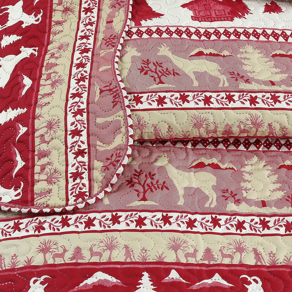 Decorkart Rich Printed Embossed Pinsonic Coverlet Bedspread Ultra Soft Home Bedding 3 Piece Summer Christmas Quilt Set with 2 Quilted Shams, Cabin Red Goat Pattern