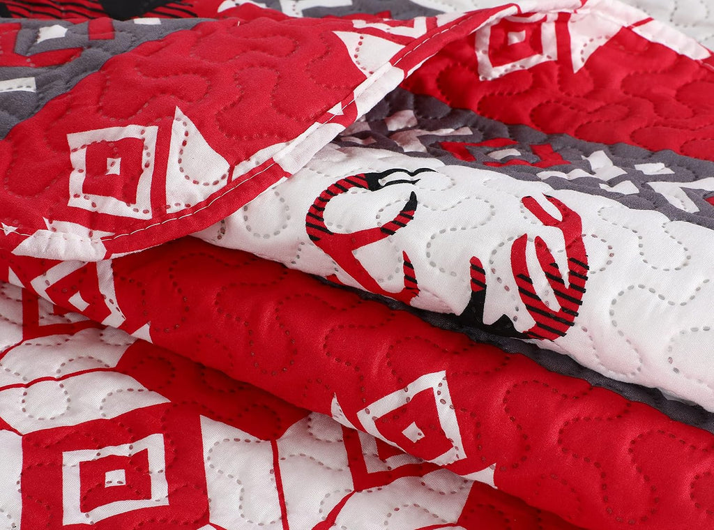 Decorkart Rich Printed Embossed Pinsonic Coverlet Bedspread Ultra Soft 3 Piece Summer Christmas Quilt Set with 2 Quilted Shams, Xmas Snowflake and Deer Pattern