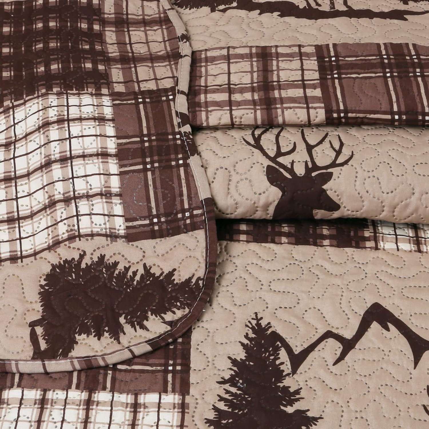Decorkart Rich Printed Embossed Pinsonic Coverlet Bedspread Ultra Soft 2 Piece Summer Quilt Set with 1 Quilted Sham, Brown Cabin Maple Deer Plaid Pattern