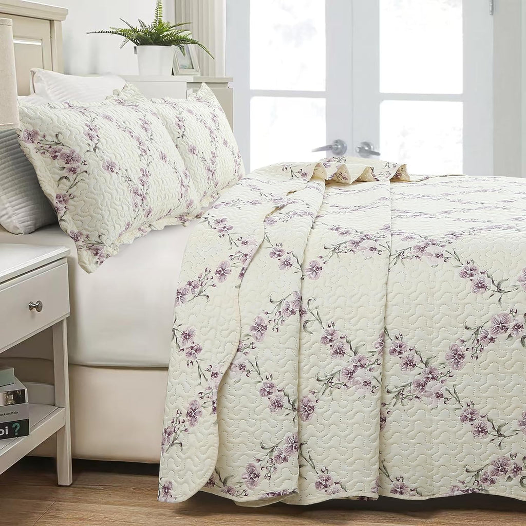 Decorkart Rich Printed Embossed Pinsonic Coverlet Bedspread Ultra Soft Home Bedding 2 Piece Summer Quilt Set with 1 Embossed Sham, Purple Orchid Cream Pattern