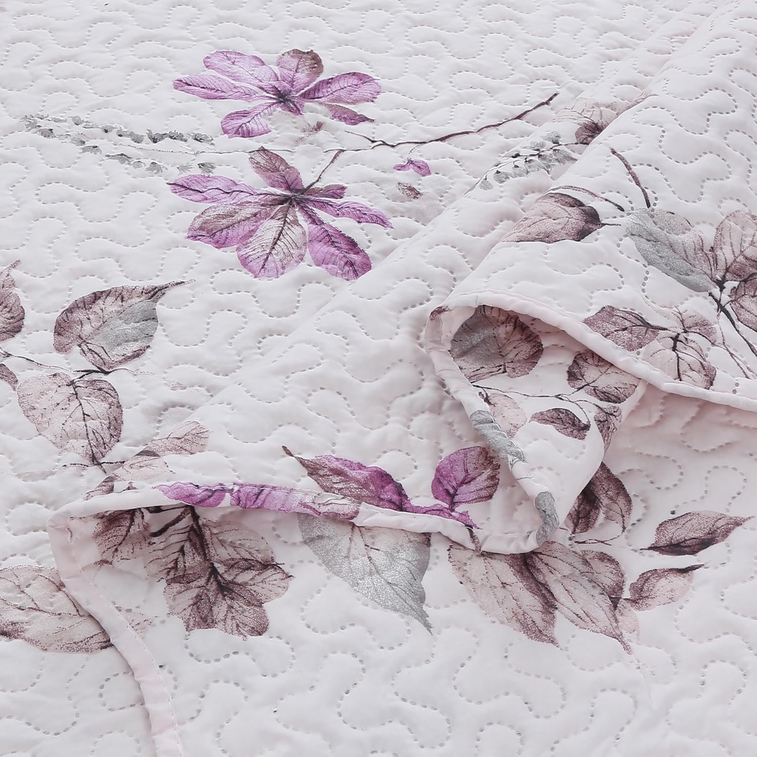 Decorkart Rich Printed Embossed Pinsonic Coverlet Bedspread Ultra Soft Home Bedding 3 Piece Summer Quilt Set with 2 Embossed Shams, Purple Leaves Pink Pattern