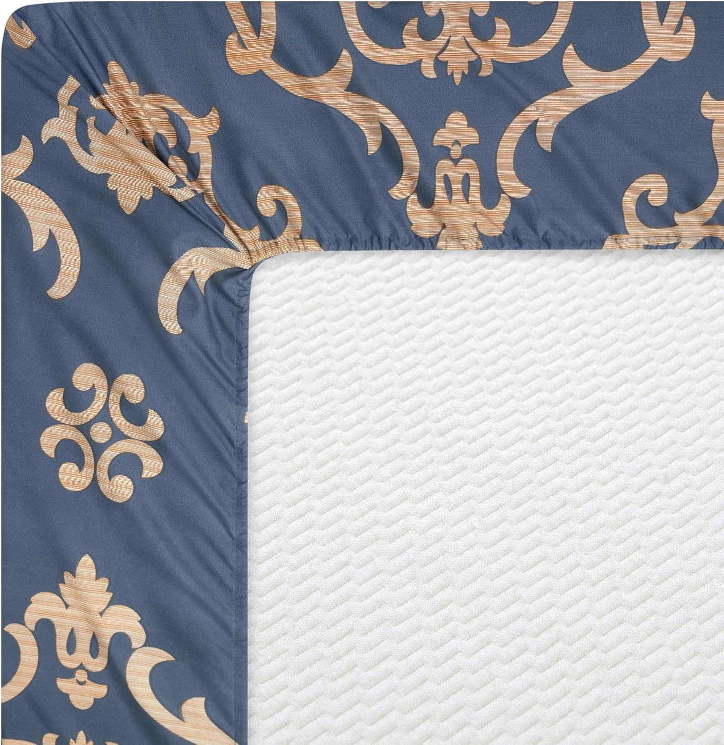 Decorkart Ultra Soft Silky Deep Pocket Rich Printed Bedding Rayon from Bamboo All Season 6 Pieces Sheet Set with 4 Pillowcases, Gold Damask Navy Blue Pattern