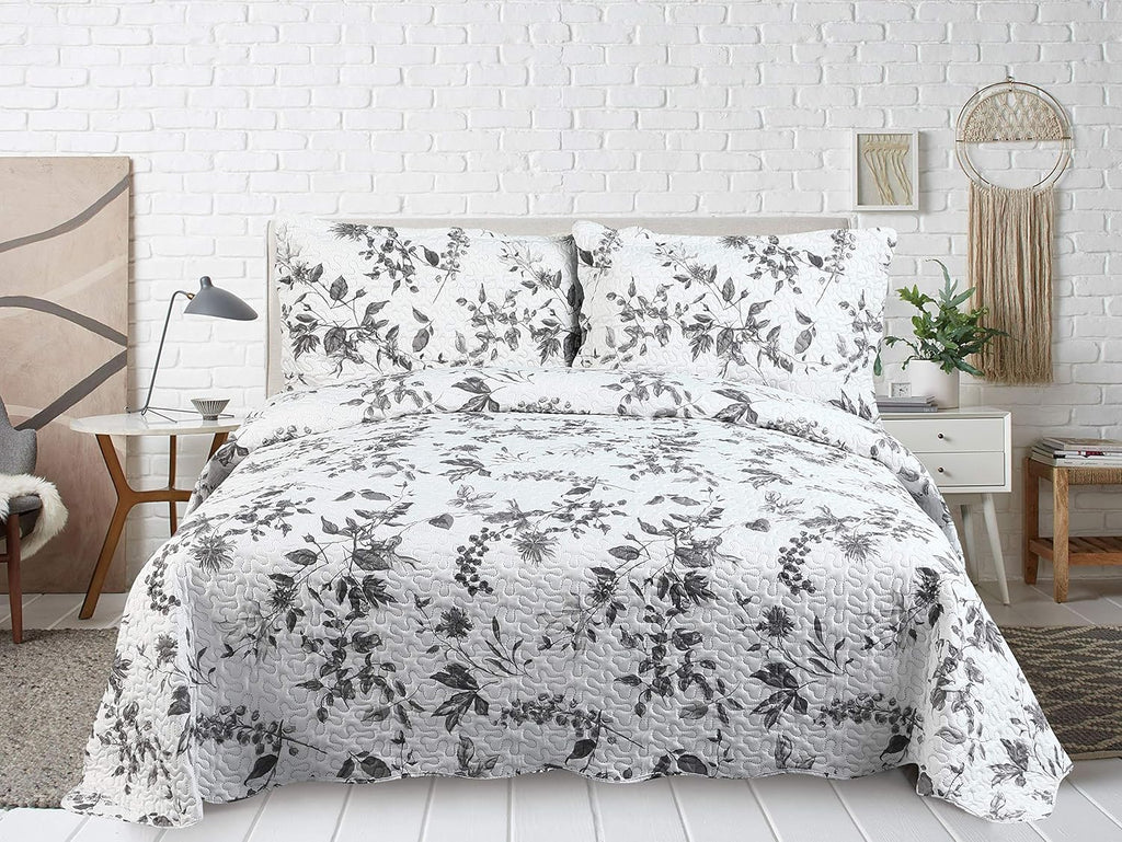 Decorkart Rich Printed Embossed Pinsonic Coverlet Bedspread Ultra Soft 3 Piece Summer Quilt Set with 2 Quilted Shams, Grey Chrysanthemum Floral Branches Pattern