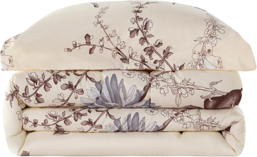 Decorkart Home Decor Ultra Soft Luxury Fluffy Goose Down Alternative Bedding Printed 3 Piece Comforter Set, Blue Chrysanthemum Floral Cream Base Pattern