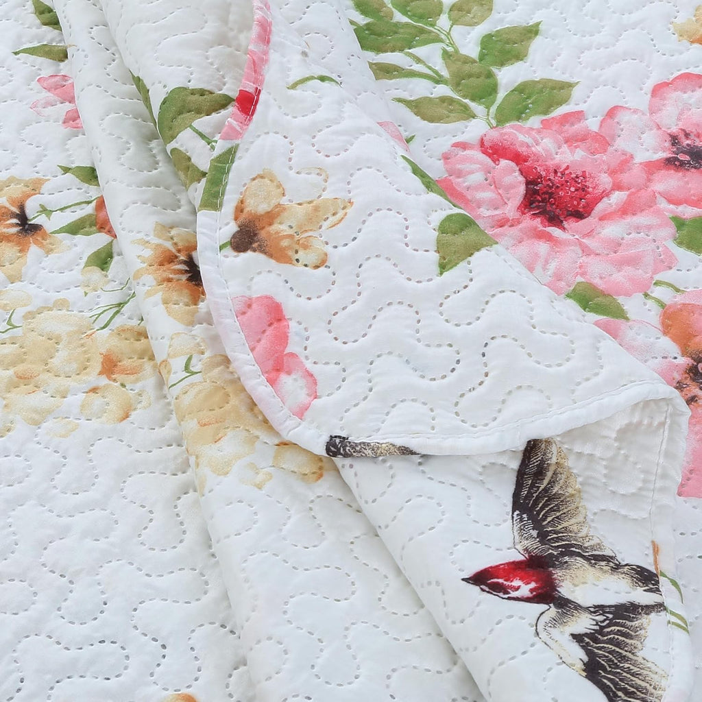 Decorkart Rich Printed Embossed Pinsonic Coverlet Bedspread Ultra Soft 3 Piece Summer Quilt Set with 2 Quilted Shams, Pink Floral and Birds Pattern