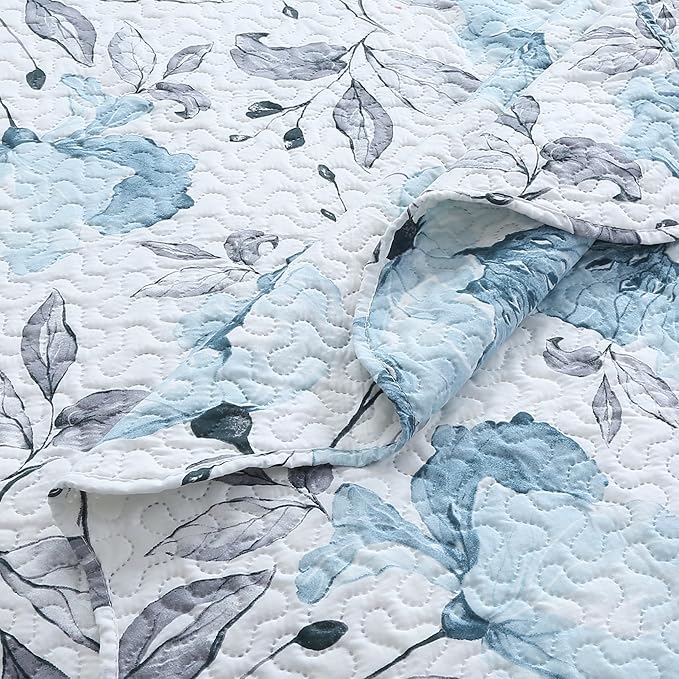 Decorkart Rich Printed Embossed Pinsonic Coverlet Bedspread Ultra Soft Home Bedding 3 Piece Summer Quilt Set with 2 Embossed Shams, Blue Floral Pattern