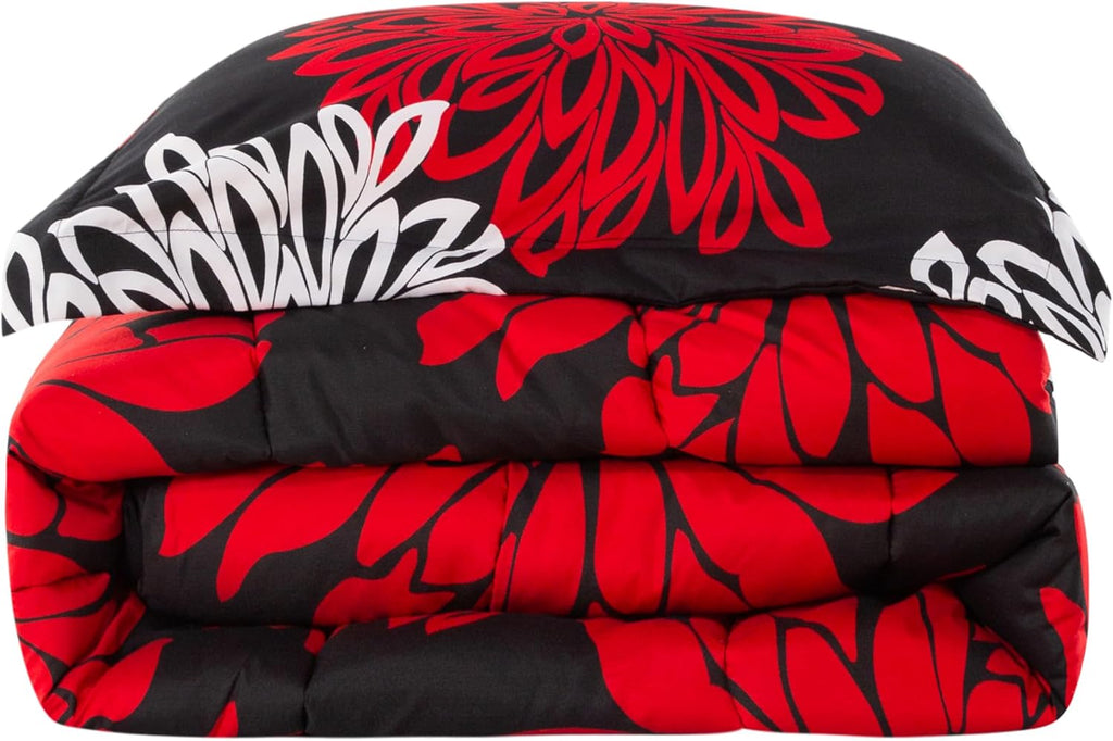 Decorkart Home Decor Ultra Soft Luxury Fluffy Goose Down Alternative Bedding Printed 3 Piece Comforter Set, Modern Red White Floral Black Base Pattern