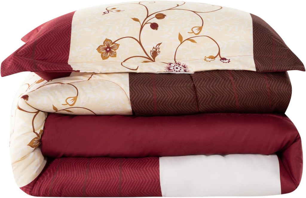Decorkart Home Decor Ultra Soft Luxury Fluffy Goose Down Alternative Bedding Printed 3 Piece Comforter Set, Modern Burgundy Cosmos Floral Pattern