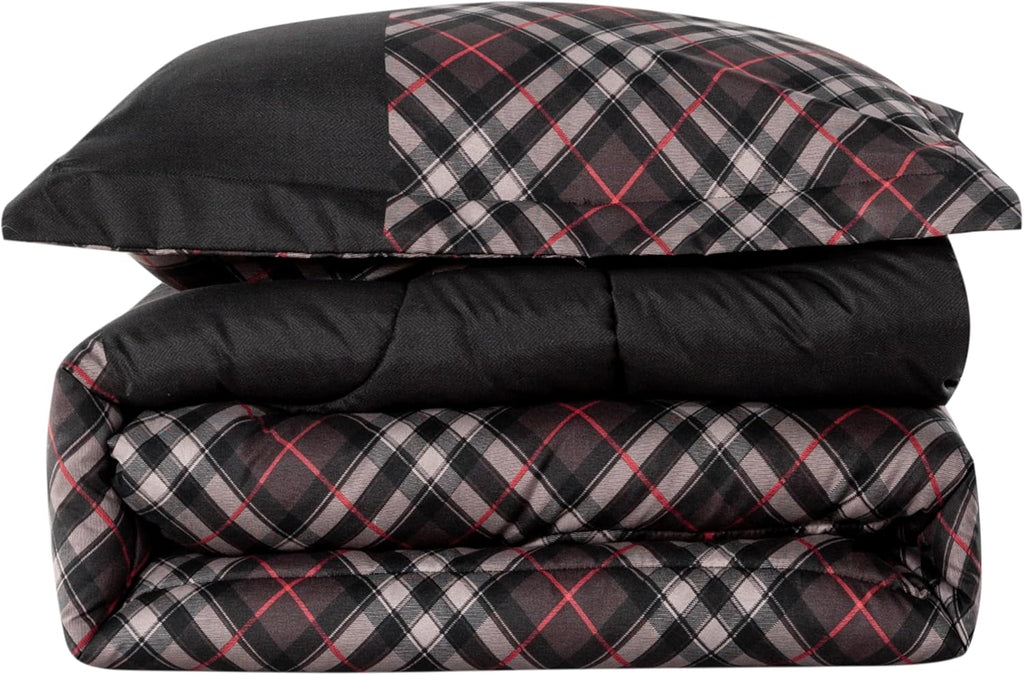Decorkart Home Decor Ultra Soft Luxury Fluffy Goose Down Alternative Bedding Printed 3 Piece Comforter Set, Modern Black Grey Geometric Plaid Pattern