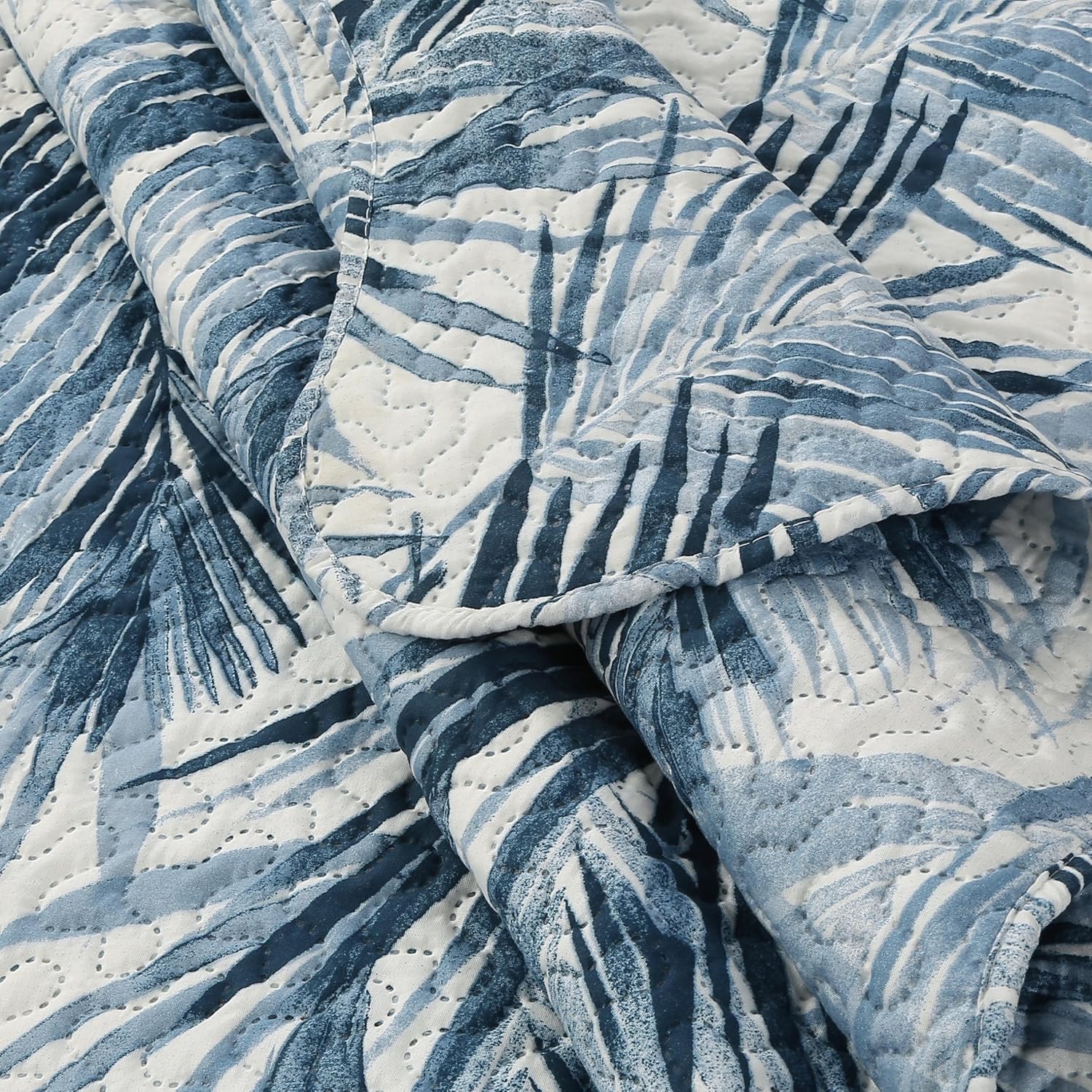 Decorkart Rich Printed Embossed Pinsonic Coverlet Bedspread Ultra Soft 3 Piece Summer Quilt Set with 2 Quilted Shams, Modern Blue Leaves Pattern