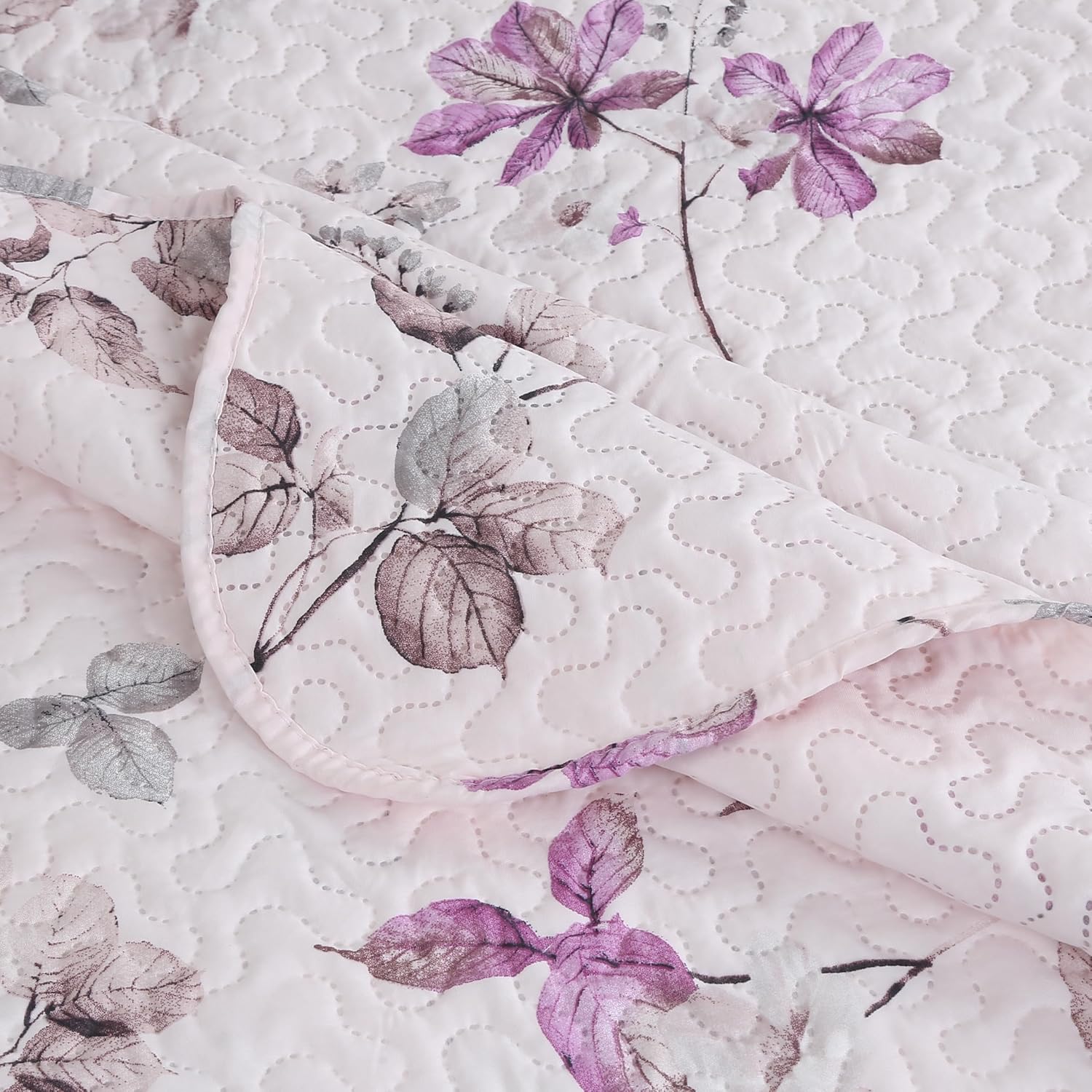 Decorkart Rich Printed Embossed Pinsonic Coverlet Bedspread Ultra Soft Home Bedding 3 Piece Summer Quilt Set with 2 Embossed Shams, Purple Leaves Pink Pattern