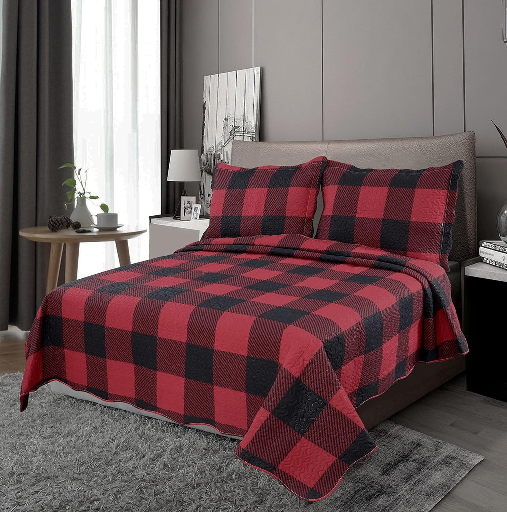 Decorkart Rich Printed Embossed Pinsonic Coverlet Bedspread Ultra Soft 3 Piece Summer Quilt Set with 2 Quilted Shams, Red Black Plaid Pattern