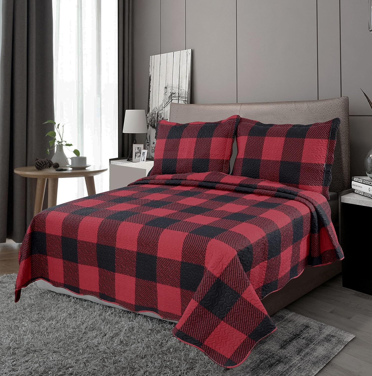 Decorkart Rich Printed Embossed Pinsonic Coverlet Bedspread Ultra Soft 3 Piece Summer Quilt Set with 2 Quilted Shams, Red Black Plaid Pattern