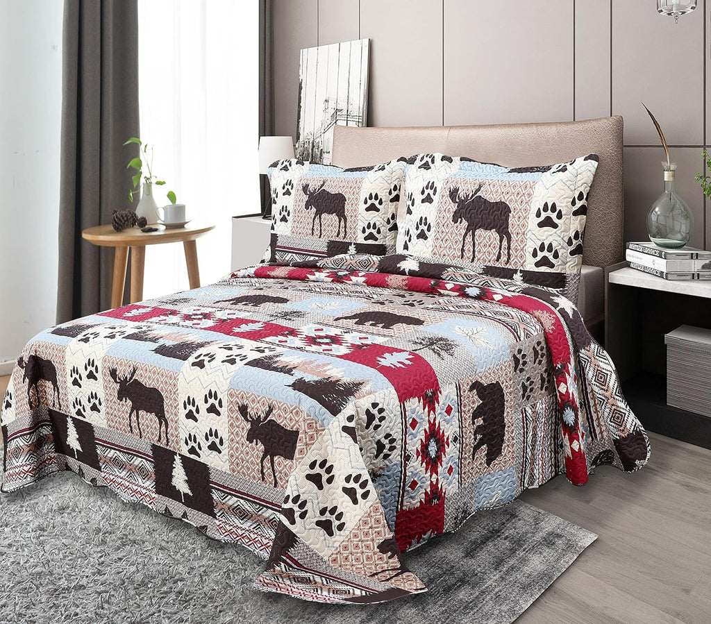 Decorkart Rich Printed Embossed Pinsonic Coverlet Bedspread Ultra Soft 3 Piece Summer Quilt Set with 2 Quilted Shams, Cabin Moose Bear Pattern