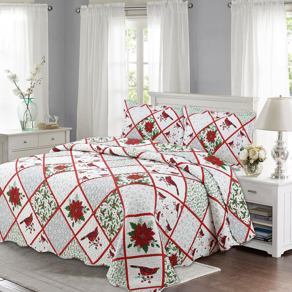 Decorkart Printed Embossed Pinsonic Coverlet Bedspread Ultra Soft Home Bedding 2 Piece Summer Christmas Quilt Set with 1 Quilted Sham, Xmas Red Cardinal Poinsettia Pattern