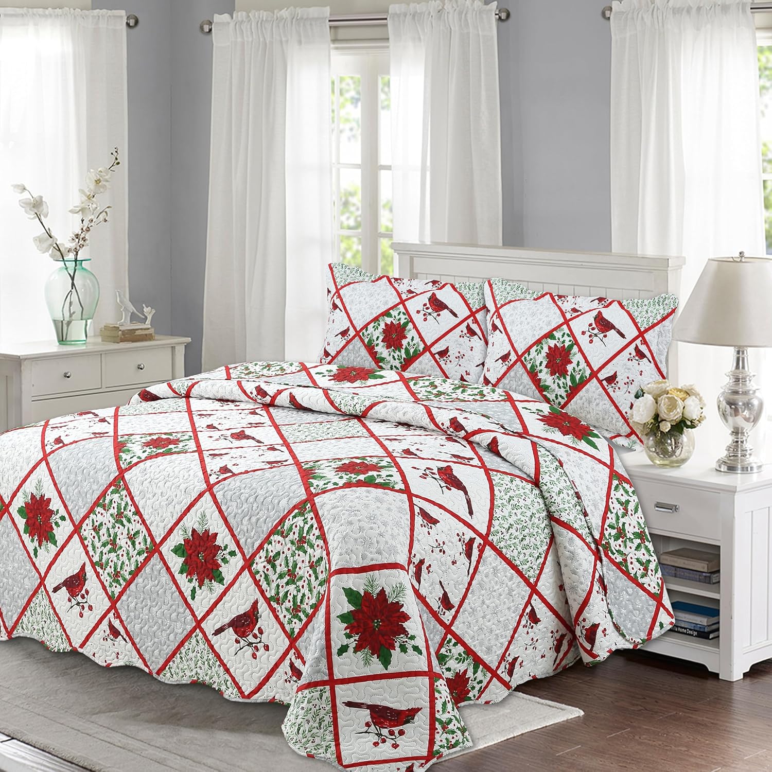 Decorkart Printed Embossed Pinsonic Coverlet Bedspread Ultra Soft Home Bedding 2 Piece Summer Christmas Quilt Set with 1 Quilted Sham, Xmas Red Cardinal Poinsettia Pattern