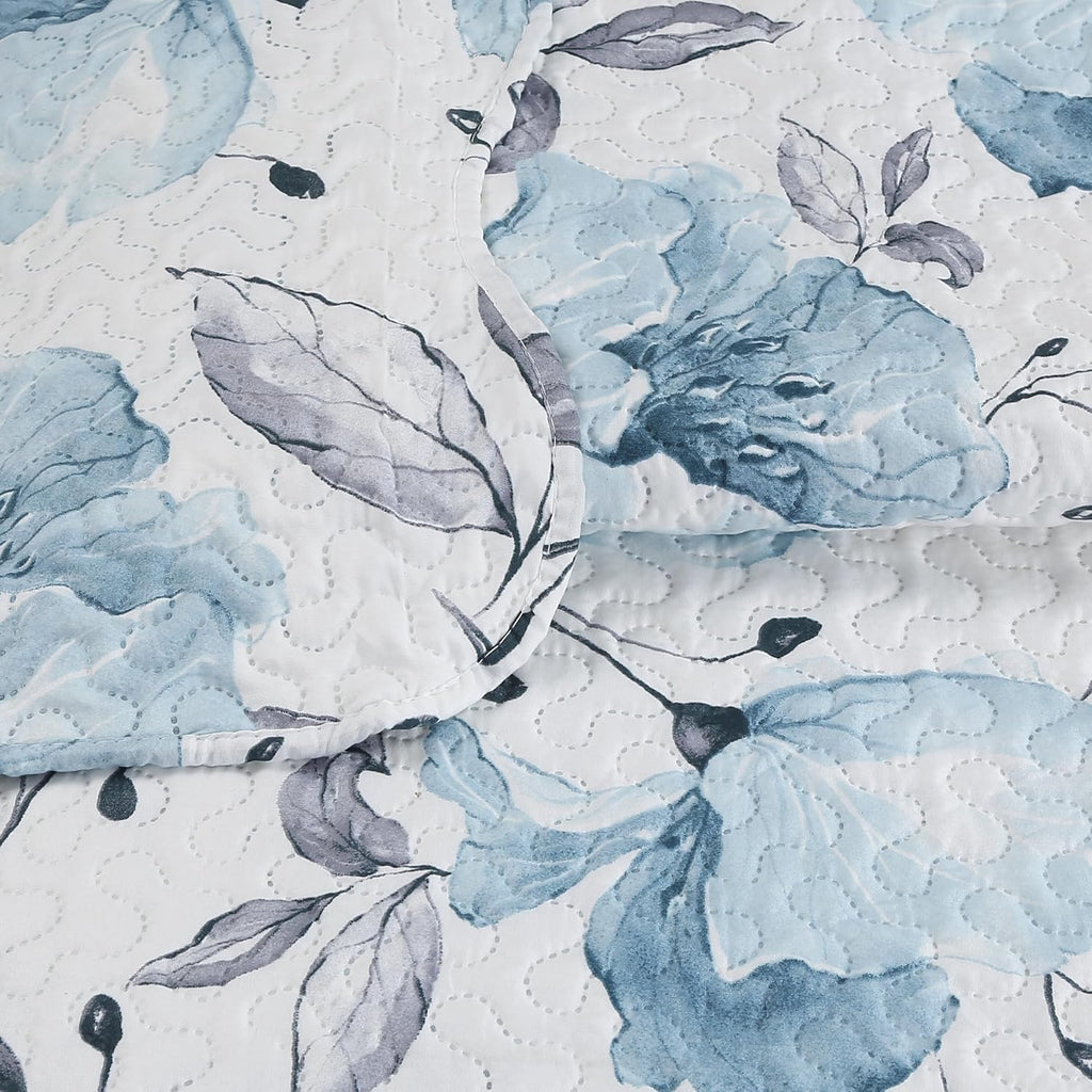 Decorkart Rich Printed Embossed Pinsonic Coverlet Bedspread Ultra Soft Home Bedding 3 Piece Summer Quilt Set with 2 Embossed Shams, Blue Floral Pattern