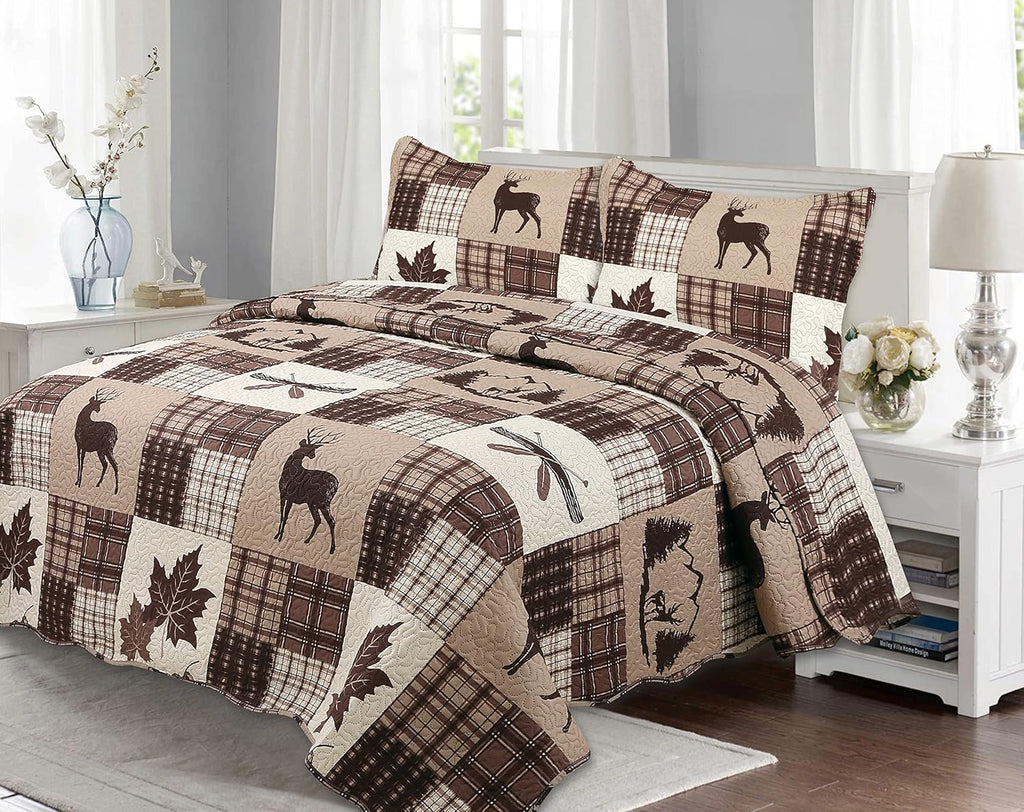 Decorkart Rich Printed Embossed Pinsonic Coverlet Bedspread Ultra Soft 2 Piece Summer Quilt Set with 1 Quilted Sham, Brown Cabin Maple Deer Plaid Pattern