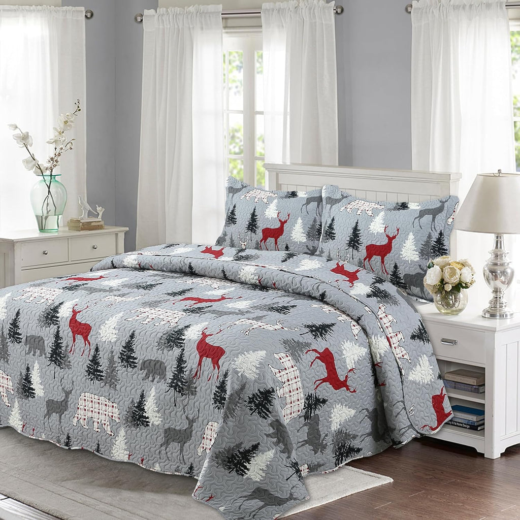Decorkart Rich Printed Embossed Pinsonic Coverlet Bedspread Ultra Soft Home Bedding 3 Piece Summer Christmas Quilt Set with 2 Quilted Shams, Cabin Reindeer Moose Bear Pattern